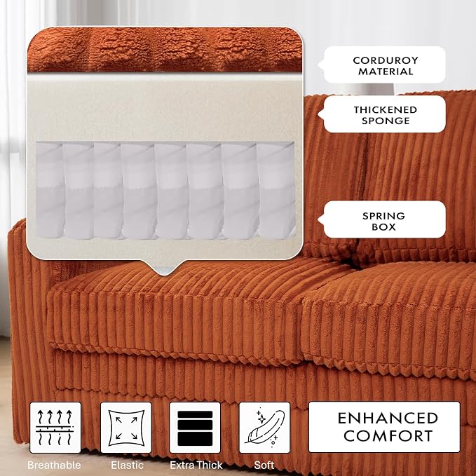 115 Inches Corduroy Sectional Sofa with Storage Ottoman, Modern 7 Seats Corner Couch with Deep Seat, Comfy Modular U Shaped Couch with Comfortable Cushions for Living Room, Orange