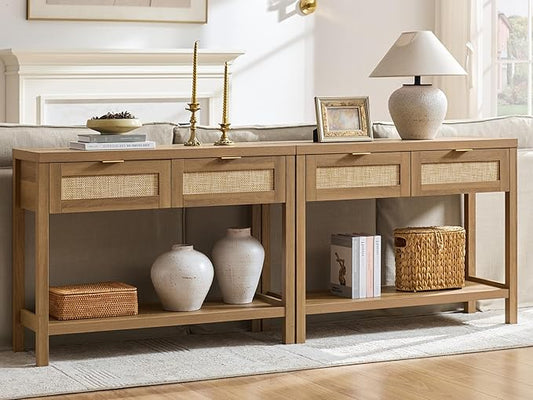SICOTAS Console Table Set of 2 - Boho Entryway Table with Rattan Drawers, Rattan Console Table with 2 Tier Shelf, Narrow Long Sofa Tables for Living Room, Entry Table for Hallway, Foyer