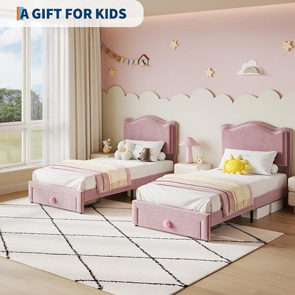 GarveeHome Upholstered Twin Bed Frame with Storage Drawer & Scallop Headboard, Princess Twin Size Platform Bed Frames for Kids Girls, Wooden Slats Support, No Box Spring Needed, Pink