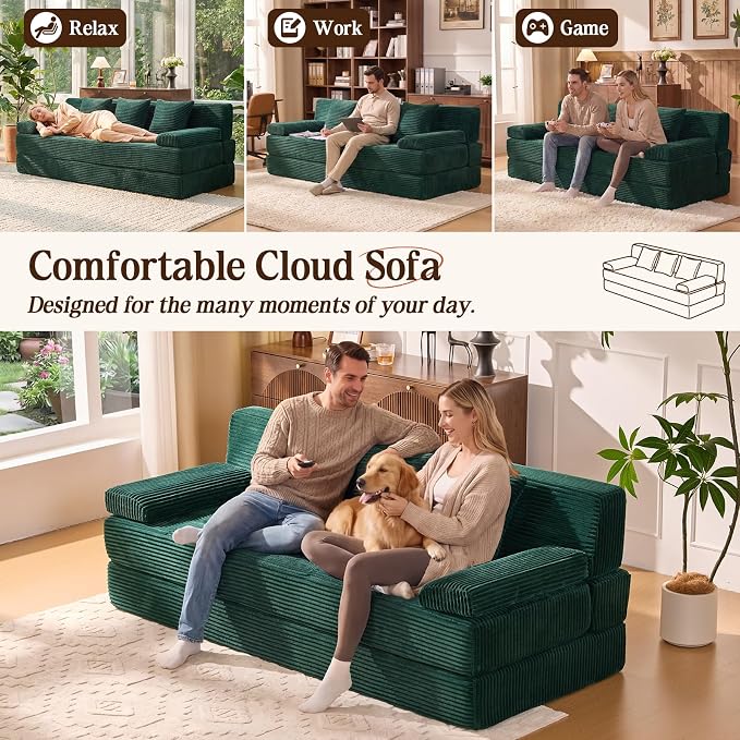 78.7IN Folding Sofa Bed - Convertible Sleeper Sofa Couch with Zippered Pillows, 3 Seater Couches Bed for Living Room, Bedroom, Apartment, No Assembly Required, Freestanding, Corduroy, Green