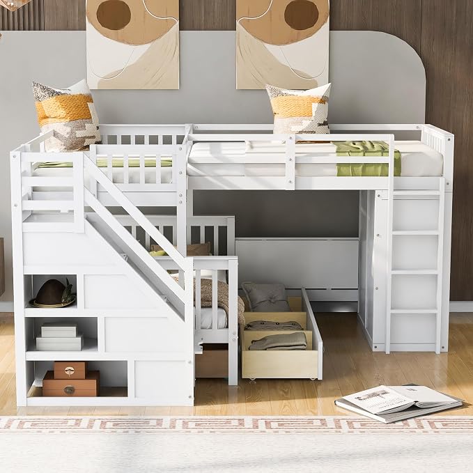 L-Shaped Bunk Bed for 4 Kids, Twin-Twin Over Full with 3 Drawers, Portable Desk and Wardrobe, Solid Wood Bedframe with Stairs and Full-Length Guardrails, No Box Spring Needed (White)