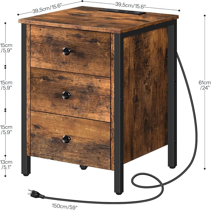 HOOBRO Nightstand with Charging Station, Side Table with 3 Drawers and Storage Shelf, End Table with USB Port, Retro Industrial Style Bedside Table, for Living Room, Bedroom, Rustic Brown BF461BZ01G2