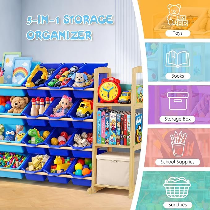Kids Toy Storage Organizer with Bookshelf – Wooden Shelf with 16 Bins & 3 Shelves, Quick Assembly Storage Rack for Playroom, Bedroom, Nursery - Blue