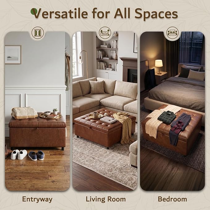 Brown Leather 36 Inch Extra Large Lift Top Living Room Storage Ottoman | LINLUX Tufted Upholstered Shoe Storage Entry Bench, Bed Benches For Foot Rest, Lift Footrest For Dorm Bedroom Office