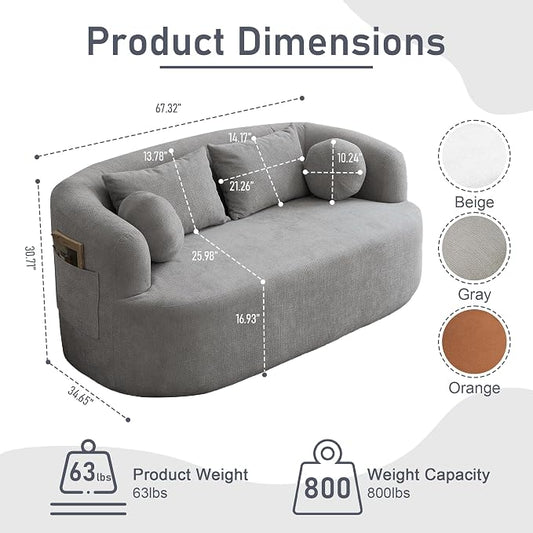 Loveseat Sofa for Small Space, 67.3" Boneless Love Seat Sofa with Side Pocket & 4 Pillows, Foam and Spring Filling, Soft Chenille for Living Room, Apartment, Bedroom, No Assembly