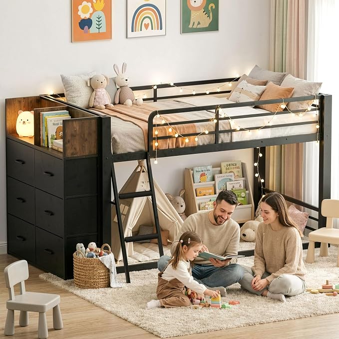 Mixcous Twin Over Twin Metal Loft Bed, Low Bunk Bed with Reversible Storage Dresser, Kids Teens Floor Bunk Bed with Drawers, Full-Length Guardrails, No Box Spring Needed, Black | 6 Drawers