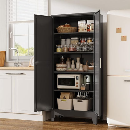 71”H Metal Kitchen Pantry Cabinet, Pantry Cabinets with 2 Doors and 4 Shelves, Kitchen Cabinet for Kitchen, Dining Room, Living Room and Bathroom, Black