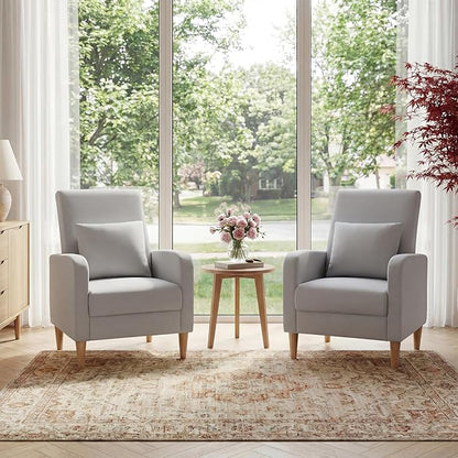 COLAMY Mid-Century Modern Upholstered Accent Chair with Back Pillow & Solid Wood Legs, Leather Cozy Armchair for Living Room, Bedroom, Reading Nook, Apartment & Small Spaces, Lightgrey