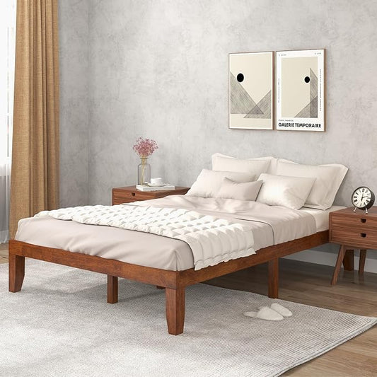 COSTWAY Wood Platform Bed Frame, 14 Inches Solid Rubber Wood Bed Mattress Foundation with Sturdy Slats Support, Easy Assembly Bed Frame for Home Hotel, No Box Spring Needed (Walnut, Queen)