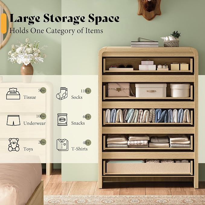 AMERLIFE 5 Drawer Tall Dresser for Bedroom, 48" Modern Storage Cabinet with Anti-Tip Kit, Rounded Corners & Easy Assembly, White Wood Chest for Closet, Apartment, Light Oak