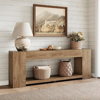 Epecoya 86-Inch Extra Long Console Table for Entryway, Farmhouse Sofa Table Behind Couch Wooden, 2-Tier Entry Console Tables with Storage for Entrance, Living Room, Natural Oak Brown