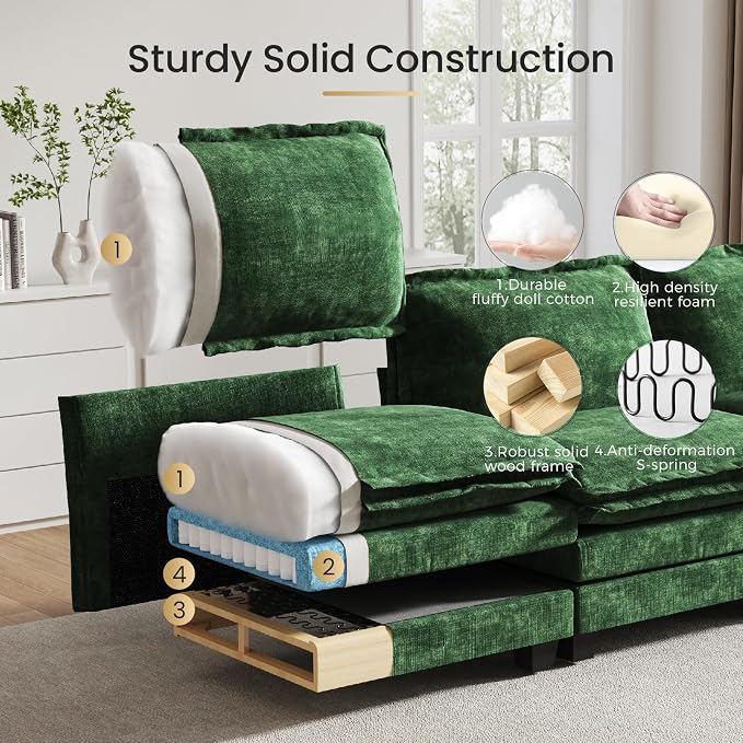 KKL Large J-Shaped Modular Sectional Sofa, 9 Seater Cloud Couch with Ottoman, Chenille Sectional Couches for Living Room, Apartment, Green