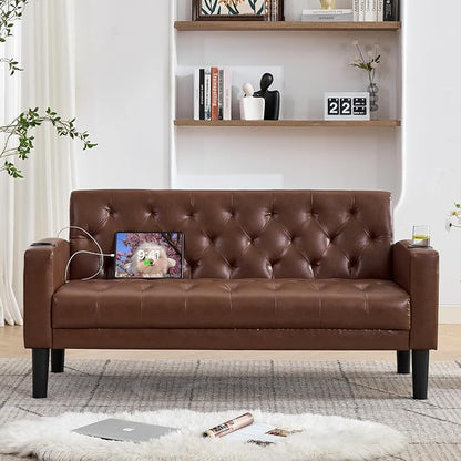 TYBOATLE 62" W Brown Leather Loveseat w/ 2 USB and 2 Cupholders, Mid-Century Modern Tufted Small Love Seat Couches for Office, Living Room, Bedroom, Dorm (1, Brown)