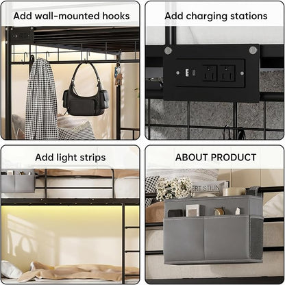 Bunk Bed,Bunk Bed Twin Over Twin with Power Outlet and LED Lights,Heavy-Duty Safety Metal Rails Ladder,Space-Saving Design with Storage Hooks,440lbs Capacity,Black