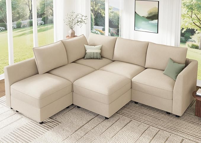 HONBAY Modular Sectional Sofa L Shaped Sectional Couch with Storage, Convertible Couches for Living Room - Beige