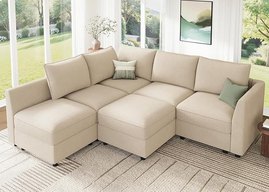 HONBAY Modular Sectional Sofa L Shaped Sectional Couch with Storage, Convertible Couches for Living Room - Beige