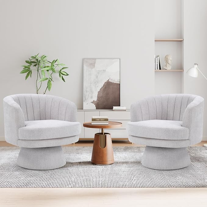CANMOV Swivel Accent Chair with Armrest Set of 2, Modern 360 Degree Swivel Barrel Chair with Curve Back and Soft Cushion, Comfy Fabric Round Armchair Single Sofa for Living Room, Bedroom,Grey