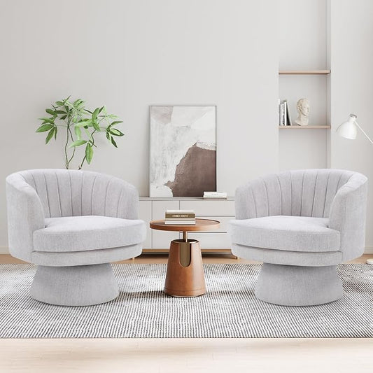 CANMOV Swivel Accent Chair with Armrest Set of 2, Modern 360 Degree Swivel Barrel Chair with Curve Back and Soft Cushion, Comfy Fabric Round Armchair Single Sofa for Living Room, Bedroom,Grey