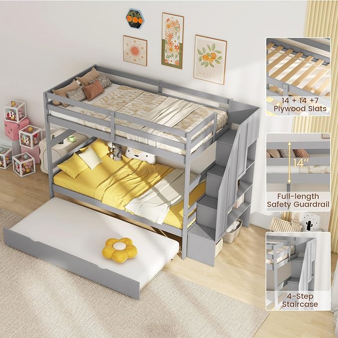 Giantex Bunk Bed Twin Over Twin with Trundle & Storage Stairs, Solid Wood Bunk Bed, Convertible to 2 Beds, Versatile Bunk Beds for Kids Teens Adults, Grey
