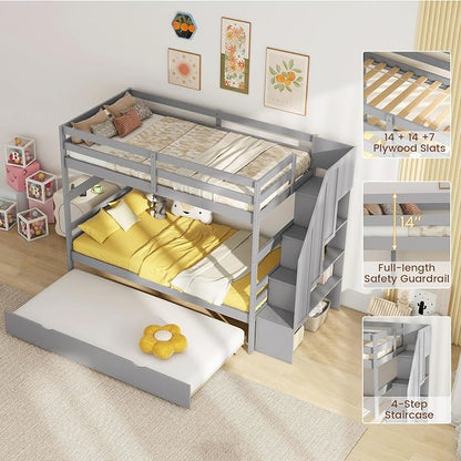 Giantex Bunk Bed Twin Over Twin with Trundle & Storage Stairs, Solid Wood Bunk Bed, Convertible to 2 Beds, Versatile Bunk Beds for Kids Teens Adults, Grey