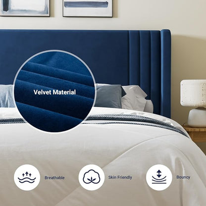 Allewie King Size Velvet Platform Bed Frame with Vertical Tufted Wingback Headboard, Easy Assembly, Under Bed Storage, No Box Spring Required, Modern Style, Blue