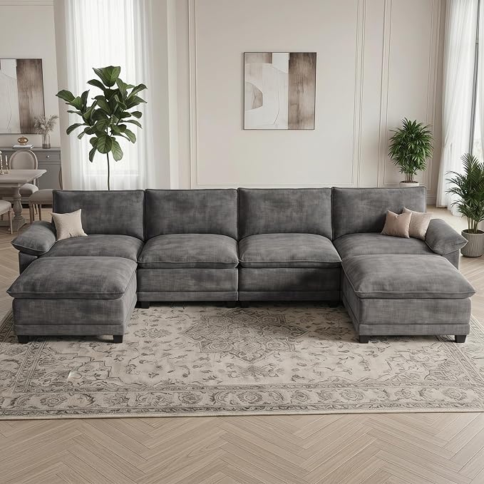 Modern U Shaped Sofa Couches for Living Room, Modular Sectional Cloud Couch with Movable Ottoman, Comfy Chenille Sofa for Apartment and Small Space, Dark Gray