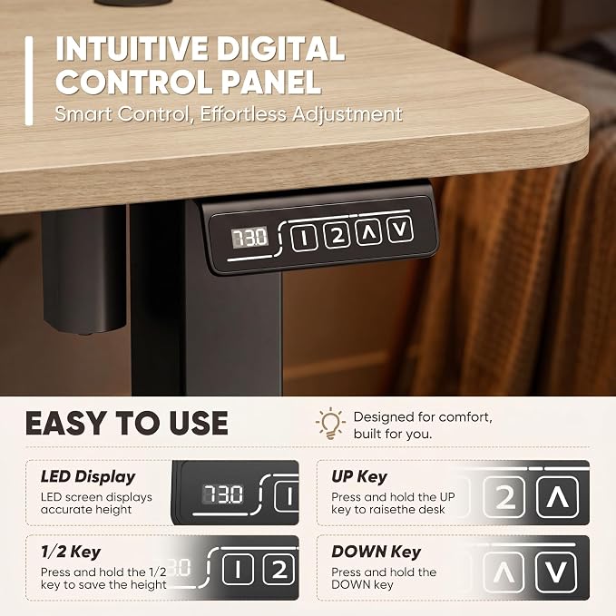 Furmax Electric Height Adjustable Standing Desk Large 48 x 24 Inches Sit Stand up Desk Home Office Computer Desk Memory Preset with T-Shaped Metal Bracket, Maple