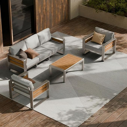ZANDOR Aluminum Outdoor Patio Furniture Set with Table,5 Seat, Silver | Rustproof,High weight capacity,Water-repellent,Washable Cover,All-Weather Resistant,Easy clean,for Poolside Backyard Deck