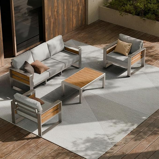 ZANDOR Aluminum Outdoor Patio Furniture Set with Table,5 Seat, Silver | Rustproof,High weight capacity,Water-repellent,Washable Cover,All-Weather Resistant,Easy clean,for Poolside Backyard Deck