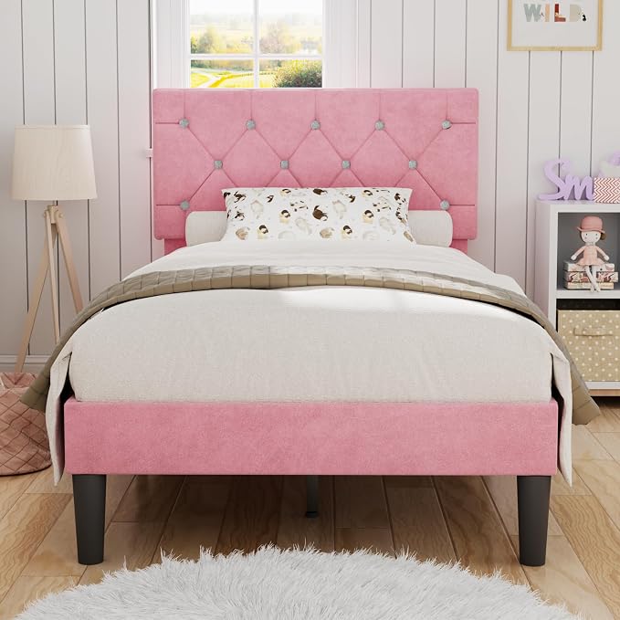 VECELO Twin Size Bed Frame with Diamond Tufted Headboard, Upholstered Platform Bedframe with Wood Slat Support, No Box Spring Needed, Velvet & Pink
