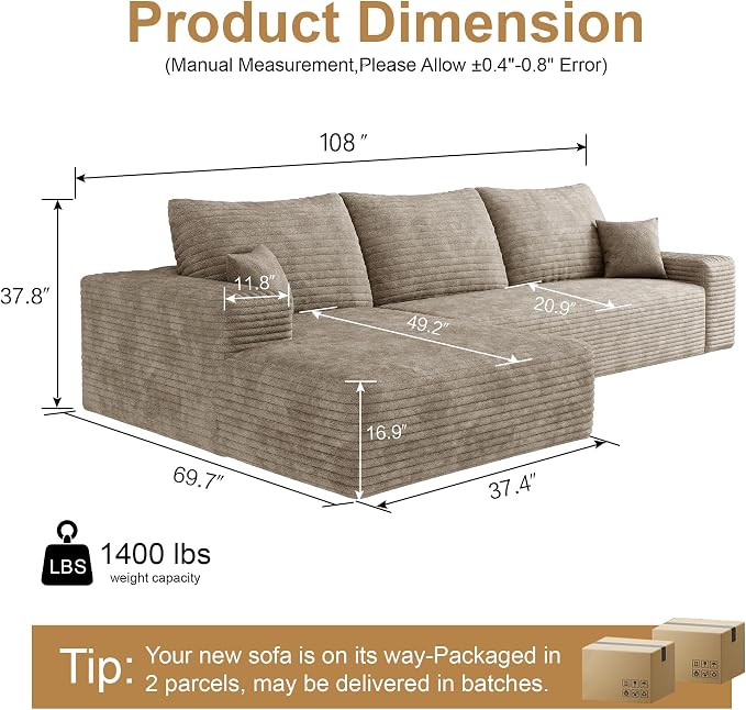AUGOP 108" Sectional Couches for Living Room Modern Modular Sofa with L-Shape Couchs Upholstered Boneless Couch Deep Seat Sectional Couch with Chaise (Camel, Left Facing Chaise+2Seaters)