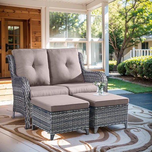 Outdoor Loveseat Sofa - 3 Piece Patio Furniture with Ottoman Deep Seating Patio Couch for Porch Deck Garden Backyard - Grey/Grey