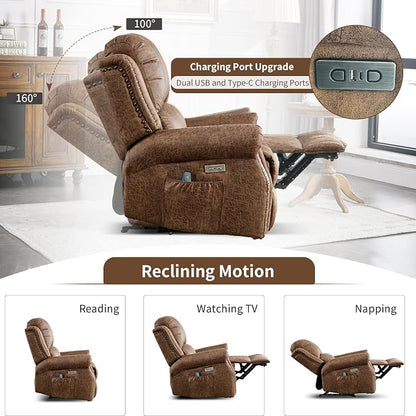 HAOMARKETS Classic Power Recliner Chair with Massage and Heat, Breathable Faux Leather Electric Recliner with USB&Type-C Port, Overstuffed Reclining Sofa with Rivets for Living Room, Brown