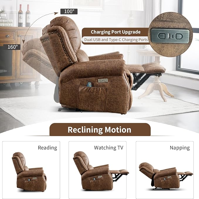 HAOMARKETS Classic Power Recliner Chair Set of 2 with Massage and Heat, Breathable Faux Leather Electric Recliner with USB Port, Overstuffed Reclining Sofa with Rivets for Living Room, Brown