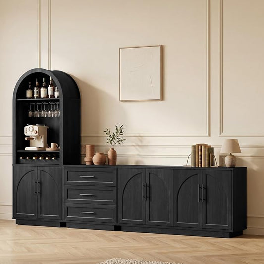 Fatmok Arden Collection Home Storage & Bar Cabinet Set, 4 Door Cabinet with Matching Wine Cabinets and Storage Drawers, Modern Wood Grain Furniture System for Dining Room,Black Grey