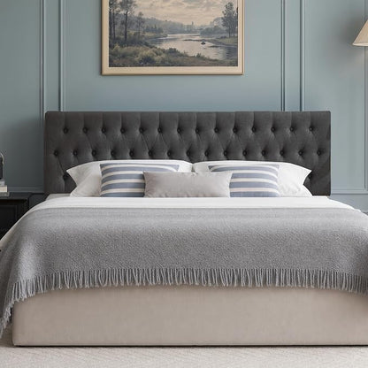 Tufted Upholstered Full Size Bed Headboard in Modern Button Design, Adjustable Solid Wood Head Board, Premium Linen Fabric Padded Headboards in Bedroom (Dark Grey)