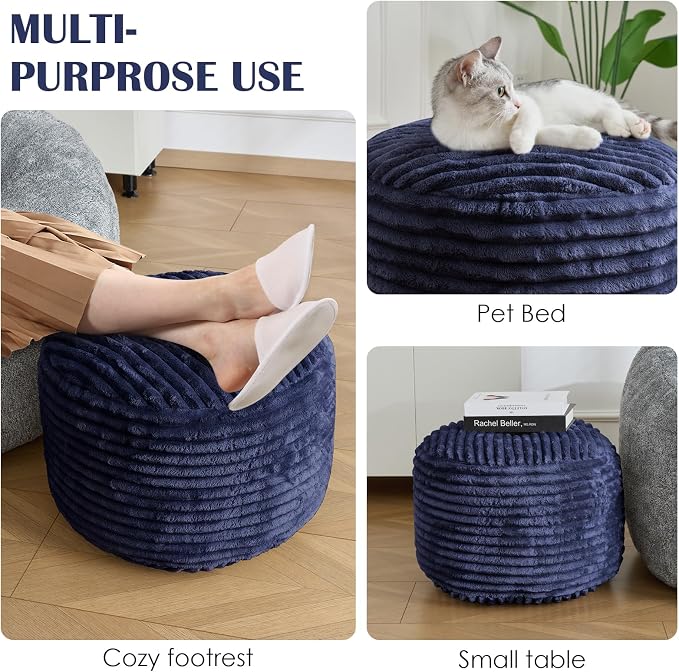 Round Ottoman,Corduroy Pouf Ottoman Foot Rest,Navy,20x15 in | Storage Footstool for Living Room,20x15 Soft Floor Poufs,Memory Foam Filling,Footrest only