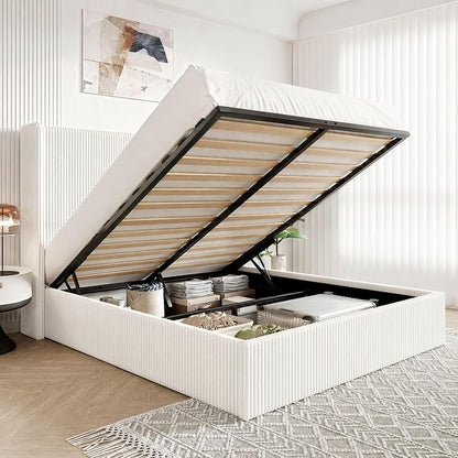 Allewie Full Lift-Up Storage Bed Frame with Modern Wingback Headboard, Corduroy Upholstered Platform Bed, Hydraulic Gas Lift Support, Underbed Storage, Wooden Slats, No Box Spring Needed, White
