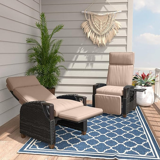 Grand patio Outdoor Recliner Air Pump 150° Lay Flat Reclining Chair with Independent Adjustable Back and Footrest Removable Olefin Cushion Flip-Up Table Wicker Beige 2PCS