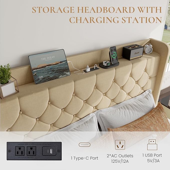 SHA CERLIN Full Size Platform Bed Frame with Charging Station, Linen Wingback Headboard with Storage Shelf, Wooden Slats Support, Ample Under-Bed Space, No Box Spring Needed, Easy Assembly, Beige