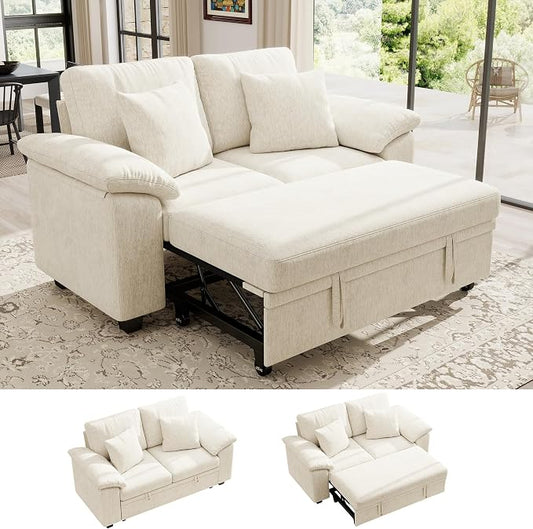 Ihanherry 61" Loveseat Sleeper Sofa, 2-in-1 Pull Out Couch Bed with 2 Pillows, Chenille Convertible Sofa Bed, Small Space Sleeper Couch for Living Room Apartment (Beige)