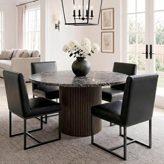 HNY Modern Dining Chairs Set of 4, Upholstered Leather Dining Room Chairs with Ergonomic Back & Metal Frame for Home, Kitchen, Apartment, Black