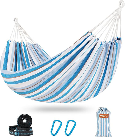 Lazy Daze Hammocks Double Brazilian Cotton Hammock, Extra Large Portable Outdoor Camping Hammock with Tree Straps & Travel Bag for Backyard Patio Poolside Indoor, 550lbs Capacity, Blue & Light Gray