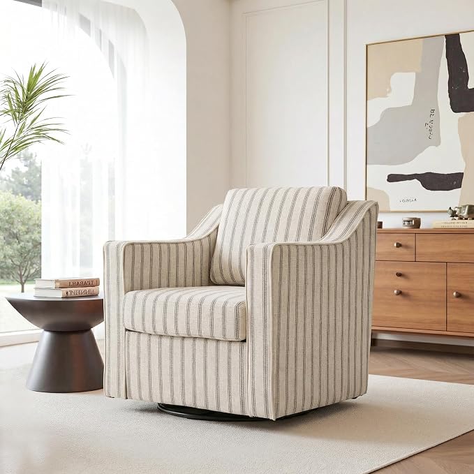 Swivel Accent Chair, 360° Swivel Upholstered Club Armchairs for Living Room, Comfy Fabric Single Sofa Reading Chair with Deep Seat, Metal Swivel Base, Pinstripe Gray