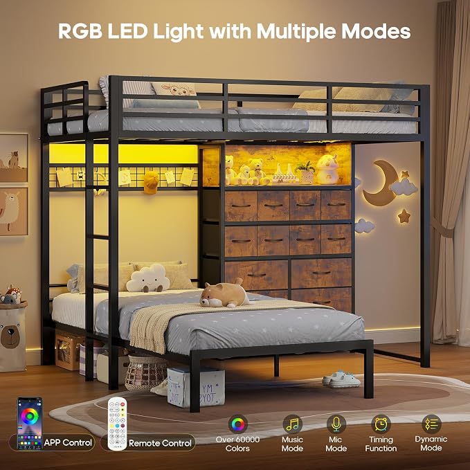 BTHFST Bunk Bed Twin Over Twin with 14 Storage Drawers & Bookshelf, Twin Bunk Beds with RGB LED Lights & Metal Grid Panel, Metal Bunk Beds with Safety Guardrails & Ladder for Kids, Rustic Brown