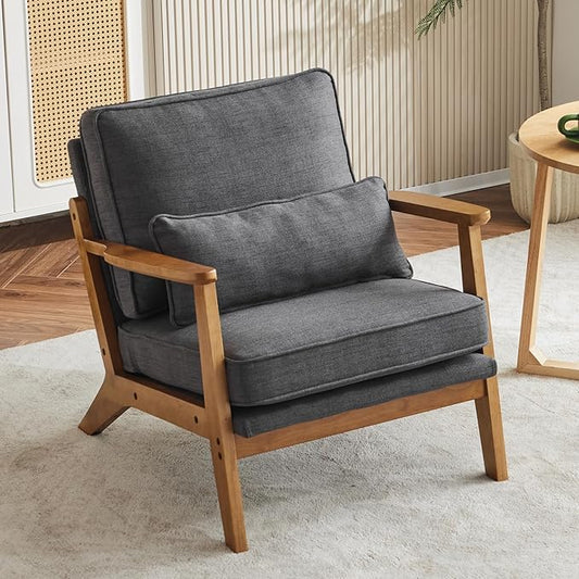 Karl home Mid-Century Lounge Accent Chair, Gray | Wide Curved Armrest, Linen Fabric, Lumbar Pillow Included, Solid Wood Frame, For Living Room, Bedroom, Balcony, Apartment