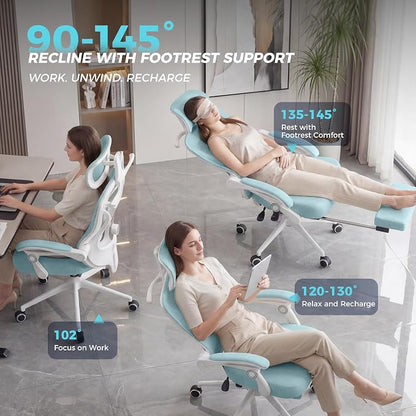 CYKOV Ergonomic Office Chair with Footrest - Adjustable Lumbar Support & Headrest, 90-135° Reclining Mesh Back Computer Chair - Home Office/Gaming, 350lbs Capacity