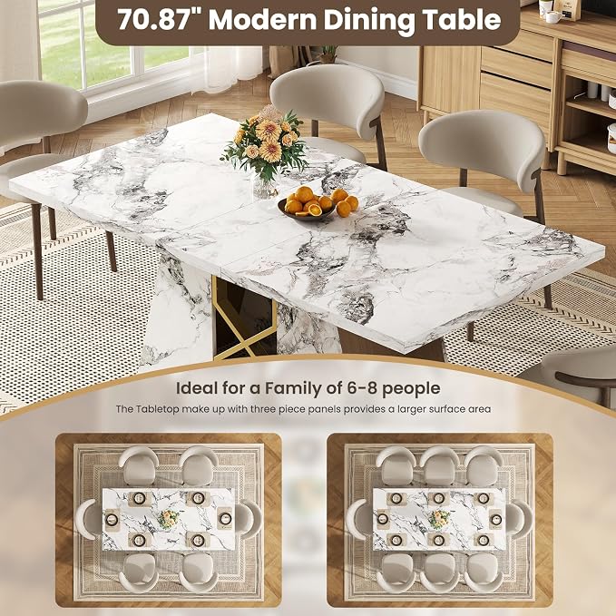 HOMISSUE 71 Inch Modern White Dining Table for 6-8 People, Large Faux Marble Kitchen and Dining Room Table,Rectanglar Dinner Table with Metal Frame for Dining Room, Living Room, White