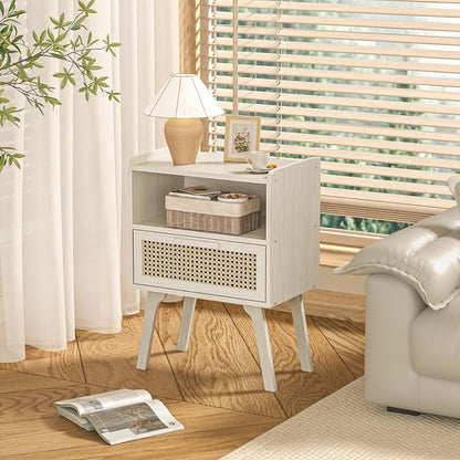 Lerliuo Rattan Nightstand, Side Table with Drawer Open Shelf, Cane Accent Bedside End Table with Solid Wood Legs, Mid Century Modern Night Stand for Bedroom, Dorm and Small Spaces (Grey White)