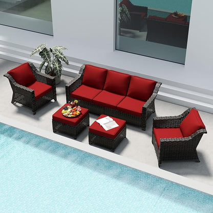 5 Pieces Patio Conversation Furniture Set - 1 Sofa, 2 Armchairs, 2 Ottomans, Outdoor Wicker Furniture with Removable Cushions for Porch, Balcony, Sunroom (Red)